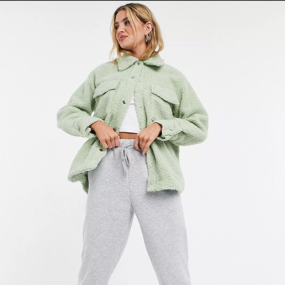 Monki Hazel Fluffy Shacket in Light Sage Green - LIKE NEW - Picture 2 of 7